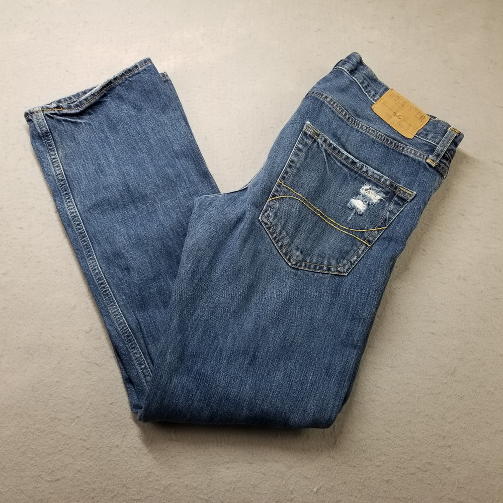 Holister Jeans Size 31X32 Blue Denim Button Fly Hole Riped Destroyed Look Balboa
